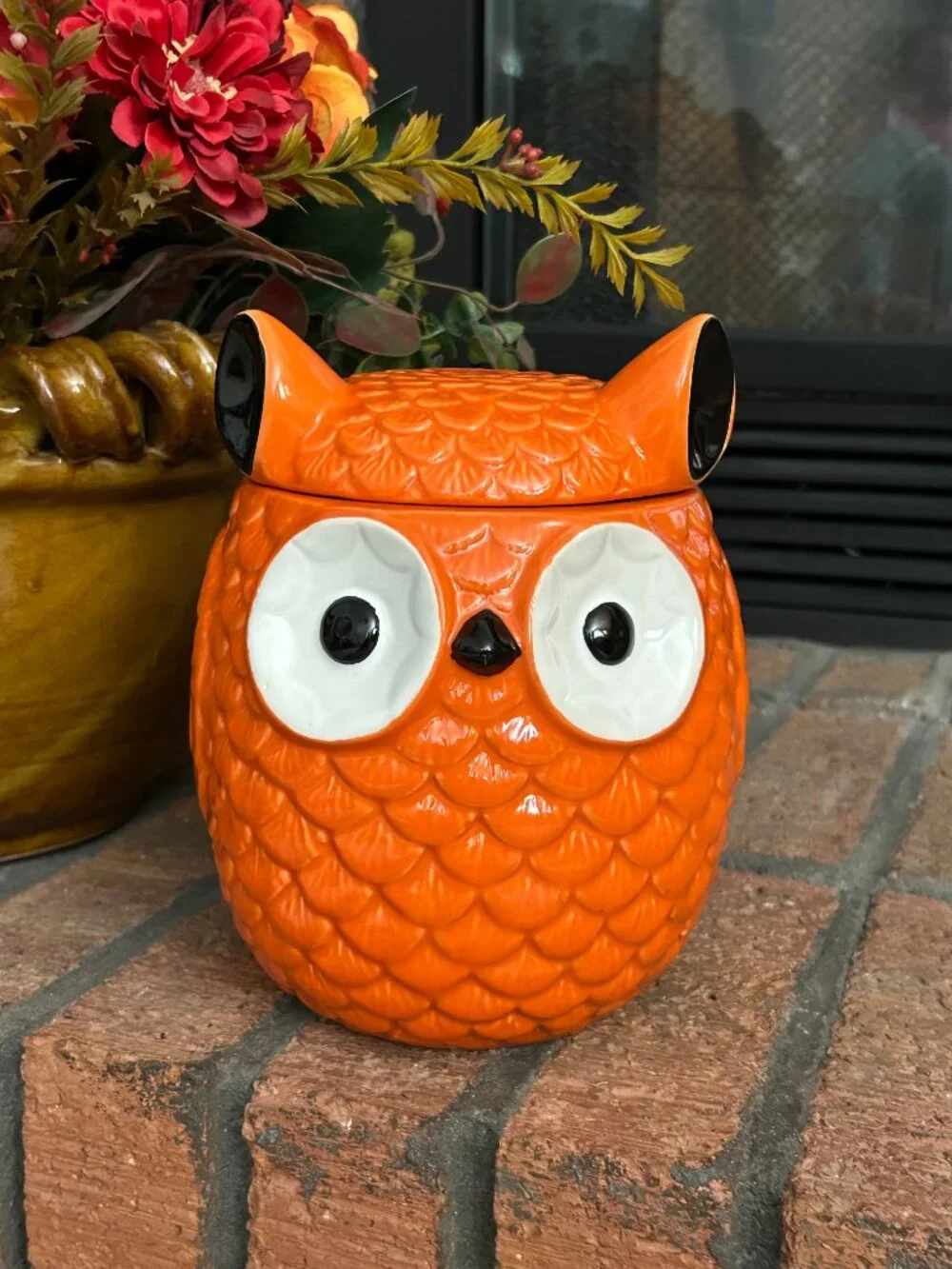 Orange Ceramic Owl Cookie Jar Canister w Lid Fall Halloween Decor 7.75